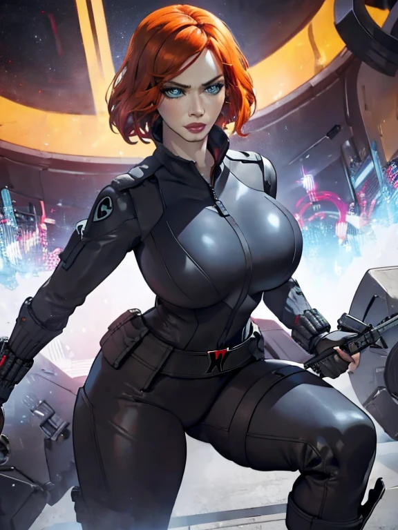 Create a dynamic 4K resolution full body portrait of Christina Hendricks as the character of Black Widow, the fierce Marvel superheroine. Visualize Christina Hendricks as Black Widow with her striking features: her short orange wavy hair. Her bright blue eyes, sharp and focused, should reflect her unwavering determination and strategic mind. She is 48 years old. Include Christina's sculpted cheekbones and slight wrinkles around the face. High-quality facial research of Christina Hendricks. Include Christina Hendricks large breasts. High-quality detailed research of Christina Hendricks voluptuous figure. Dress Christina Hendricks in the iconic Black Widow black tactical suit, with a huge bust the suit, featuring intricate details such as reinforced armor, gun holsters, utility belts, boots and the red hourglass symbol on her belt. The suit is so tight that Christina Hendricks breasts barely fit in it. The suit should appear sleek and functional, emphasizing her agility and combat prowess. Set the scene against the backdrop of a high-tech, futuristic environment, perhaps a S.H.I.E.L.D. headquarters or a cityscape at dusk, with neon lights casting dramatic shadows. Include elements such as holographic displays or glimpses of advanced technology to enhance the modern, action-packed atmosphere. The color palette should be dark and intense, with shades of black and deep reds, contrasted by the cool blues and silvers of the high-tech background, highlighting Black Widow's stealthy and formidable presence. Black Widow's expression should convey a blend of determination, focus, and a hint of vulnerability, capturing her complex character. Her gaze should be piercing and resolute, embodying her role as a master spy and a skilled combatant. This portrait aims to portray Christina Hendricks playing the role as the fictional character of Natasha Romanoff/Black Widow, capturing her iconic features and the high-stakes, action-packed world she inhabits in the Marvel universe
