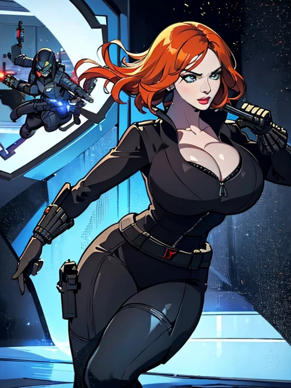 Create a dynamic 4K resolution full body portrait of Christina Hendricks as the character of Black Widow, the fierce Marvel superheroine. Visualize Christina Hendricks as Black Widow with her striking features: her short orange wavy hair. Her bright blue eyes, sharp and focused, should reflect her unwavering determination and strategic mind. She is 48 years old. Include Christina's sculpted cheekbones and slight wrinkles around the face. High-quality facial research of Christina Hendricks. Include Christina Hendricks large breasts. High-quality detailed research of Christina Hendricks voluptuous figure. Dress Christina Hendricks in the iconic Black Widow black tactical suit, with a huge bust the suit, featuring intricate details such as reinforced armor, gun holsters, utility belts, boots and the red hourglass symbol on her belt. The suit is so tight that Christina Hendricks breasts barely fit in it. The suit should appear sleek and functional, emphasizing her agility and combat prowess. Set the scene against the backdrop of a high-tech, futuristic environment, perhaps a S.H.I.E.L.D. headquarters or a cityscape at dusk, with neon lights casting dramatic shadows. Include elements such as holographic displays or glimpses of advanced technology to enhance the modern, action-packed atmosphere. The color palette should be dark and intense, with shades of black and deep reds, contrasted by the cool blues and silvers of the high-tech background, highlighting Black Widow's stealthy and formidable presence. Black Widow's expression should convey a blend of determination, focus, and a hint of vulnerability, capturing her complex character. Her gaze should be piercing and resolute, embodying her role as a master spy and a skilled combatant. This portrait aims to portray Christina Hendricks playing the role as the fictional character of Natasha Romanoff/Black Widow, capturing her iconic features and the high-stakes, action-packed world she inhabits in the Marvel universe
