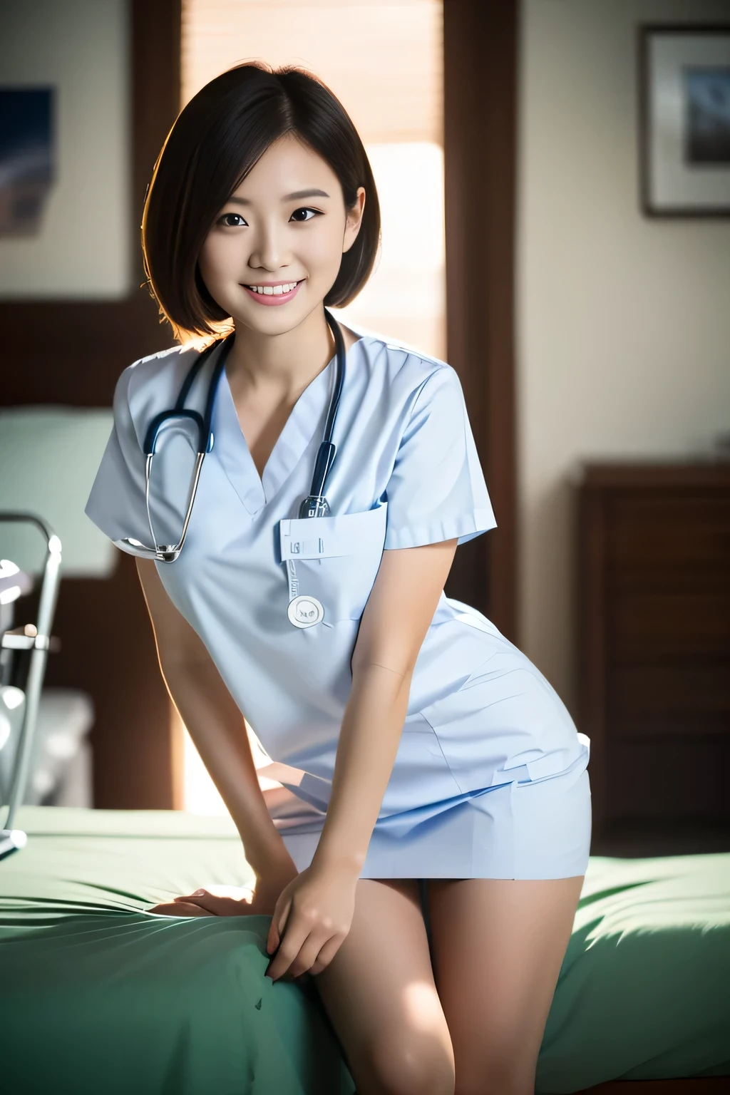 (Urzan-6500-v1.1, masterpiece, Highest quality:1.3, Ultra high definition 8K:1.2, hyperRealistic:1.35, RAW Photos:1.2, Highest quality, High resolution, wallpaper, Realistic, dramatic, Realistic painting art by midjourney:1.3, 1 Japanese female nurse, 2, White nurse uniform, Knee-length white tight skirt:1.3, Walking in the hospital, so beautiful, Beautiful Skin, Detailed face, Symmetrical face, double eyelid, Beautiful and detailed, Friendly kind smile, Beautiful glossy lips, I chipped a tooth, Very short bob hair, Accentuate your body lines, Perfect Style, cowboy_shot, Bokeh Background, morning dawn, Natural soft light)