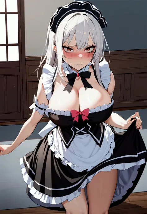 Anime maid with blue eyes and white hair posing in a restaurant - SeaArt AI