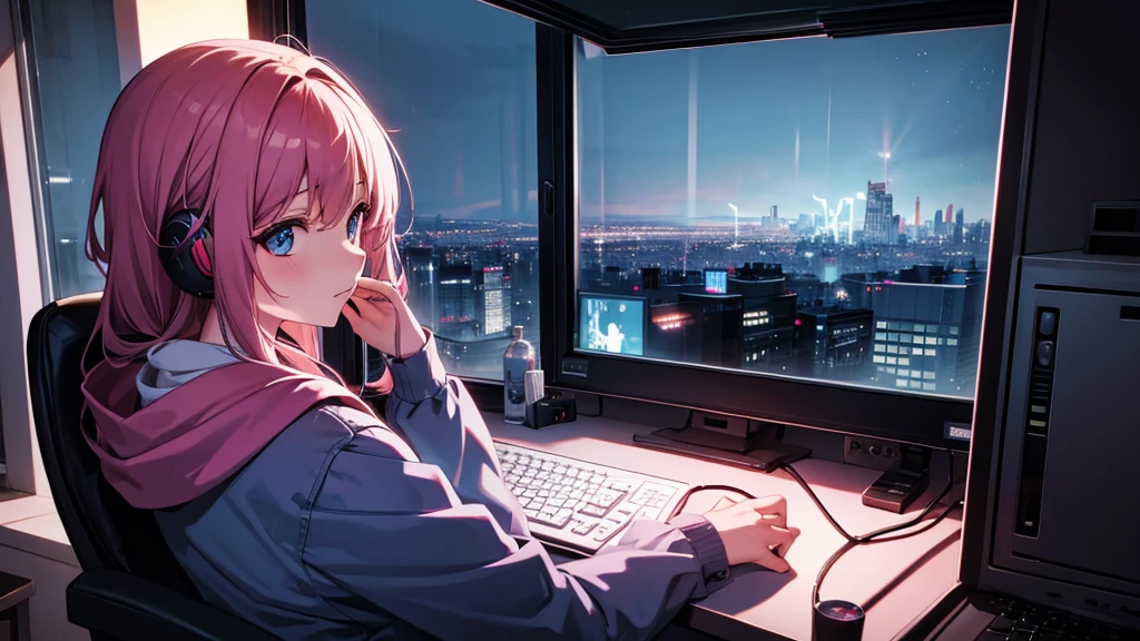 A girl is listening to music on a computer by the window. Outside the window is a night city.