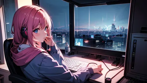 a girl is listening to music on a computer by the window. outside the window is a night city.