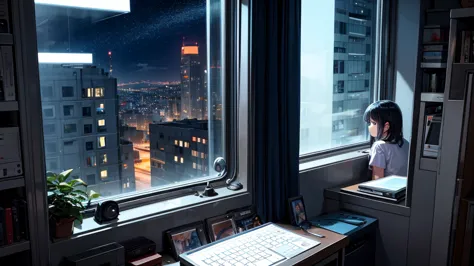 A girl is listening to music on a computer by the window. Outside the window is a night city.