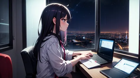 A girl is listening to music on a computer by the window. Outside the window is a night city.