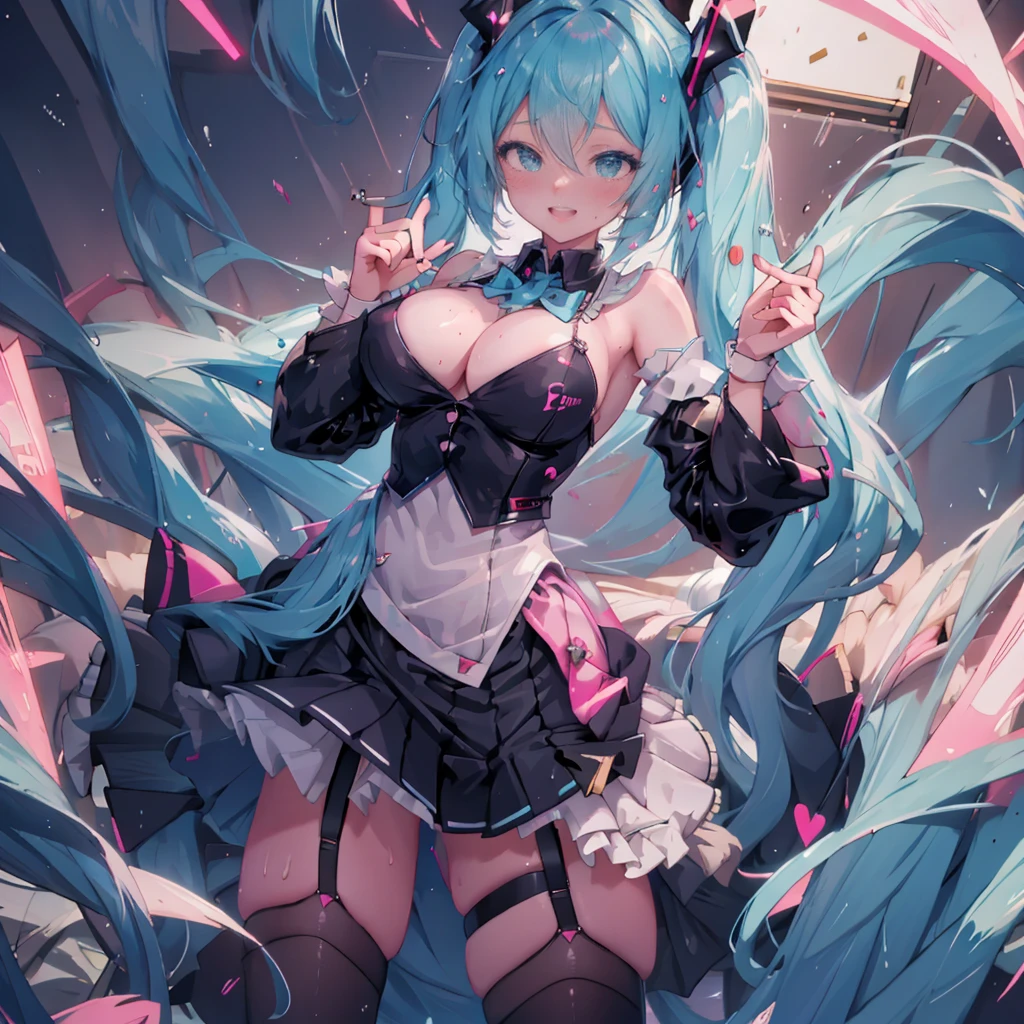 (masterpiece),(Highest quality),(Super detailed),(Best illustrations),(Best Shadow),(Absurd),(Detailed Background),(so beautiful), 16K,(Highest quality), 8k, 4K, (so beautiful)Hatsune Miku, One girl, alone, Big Breasts, Long Hair, curvy, , Hair between the eyes, , , Open your mouth carelessly, , heart-shaped pupils, , bunny suit, wrist cuffs, sweat, Pleated skirt , orgasm, , erotic smile, pussy, Illegal drugs, Beautiful nipples, , , paw pose, Sexy posture, , , cross-eyed, rolling eyes, , garter belt, , Open your mouth languidly, One devil tail, Hypnosis training, Hypnosis assignment, bdms, saliva trail, , Detailed super oily shiny skin, , , orgasm, , water eyes,tears, arched back, , torogao, ahegao, BREAK, pink neon, Dramatic lighting, Psychedelic Background, , Oculogyric crisis, night, colorful, Torrent of Light,