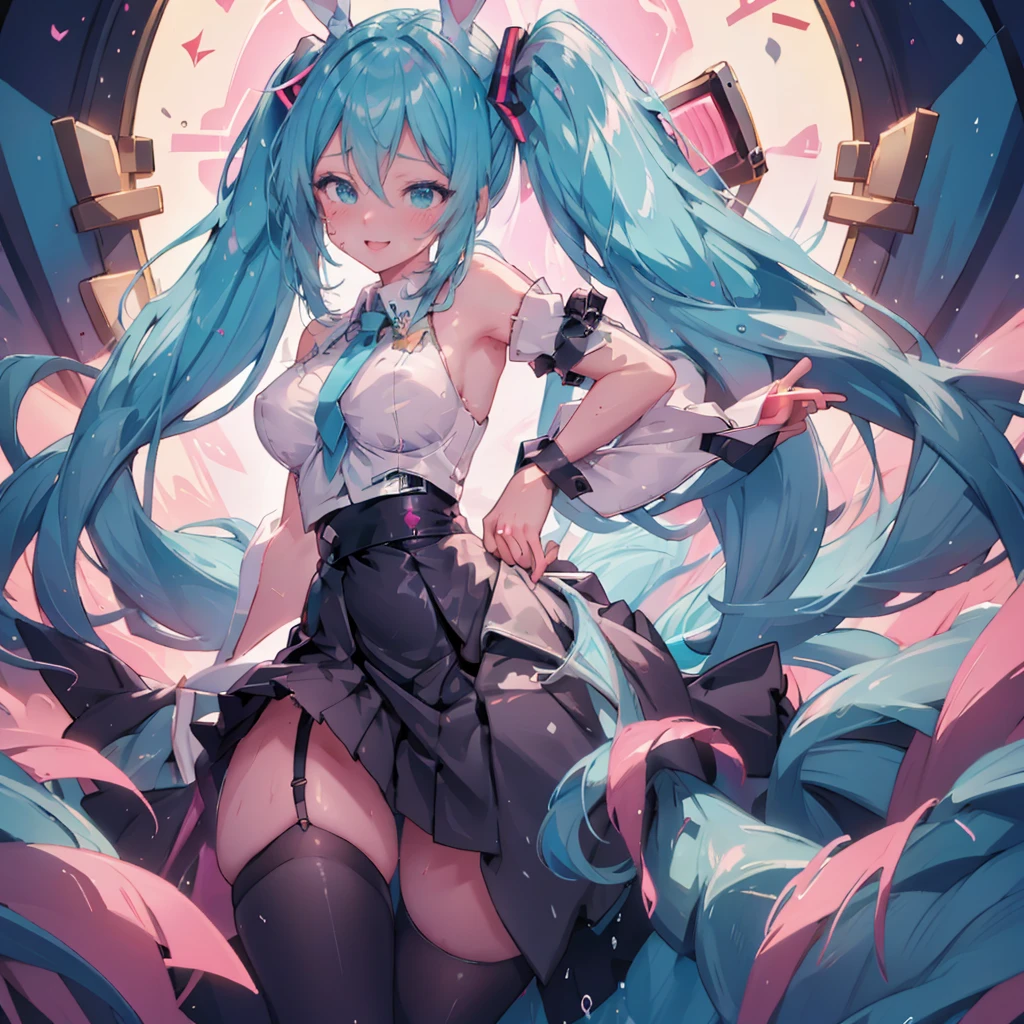 (masterpiece),(Highest quality),(Super detailed),(Best illustrations),(Best Shadow),(Absurd),(Detailed Background),(so beautiful), 16K,(Highest quality), 8k, 4K, (so beautiful)Hatsune Miku, One girl, alone, Big Breasts, Long Hair, curvy, , Hair between the eyes, , , Open your mouth carelessly, , heart-shaped pupils, , bunny suit, wrist cuffs, sweat, Pleated skirt , orgasm, , erotic smile, pussy, Illegal drugs, Beautiful nipples, , , paw pose, Sexy posture, , , cross-eyed, rolling eyes, , garter belt, , Open your mouth languidly, One devil tail, Hypnosis training, Hypnosis assignment, bdms, saliva trail, , Detailed super oily shiny skin, , , orgasm, , water eyes,tears, arched back, , torogao, ahegao, BREAK, pink neon, Dramatic lighting, Psychedelic Background, , Oculogyric crisis, night, colorful, Torrent of Light,