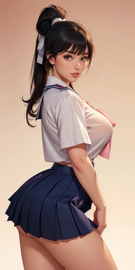 masterpiece, best quality, cinematic, photorealistic, ultra-detailed), (1girl, female Japanese student), (wide shot, from the front:1.4), (wearing a Traditional seifuku with a navy blue skirt and white blouse:1.5), (natural black hair, high ponytail tied with a simple ribbon:1.2), perfect hands, perfect face, (tall height, wide hips, long round legs, sexy legs, round ass), (massive natural soft tits), (hazel eyes, soft and shimmery eyeshadows, detailed pupils, defined eyelashes), (blushing, slightly parted lips, nude pink lips:1.2), (gradient background:1.3)