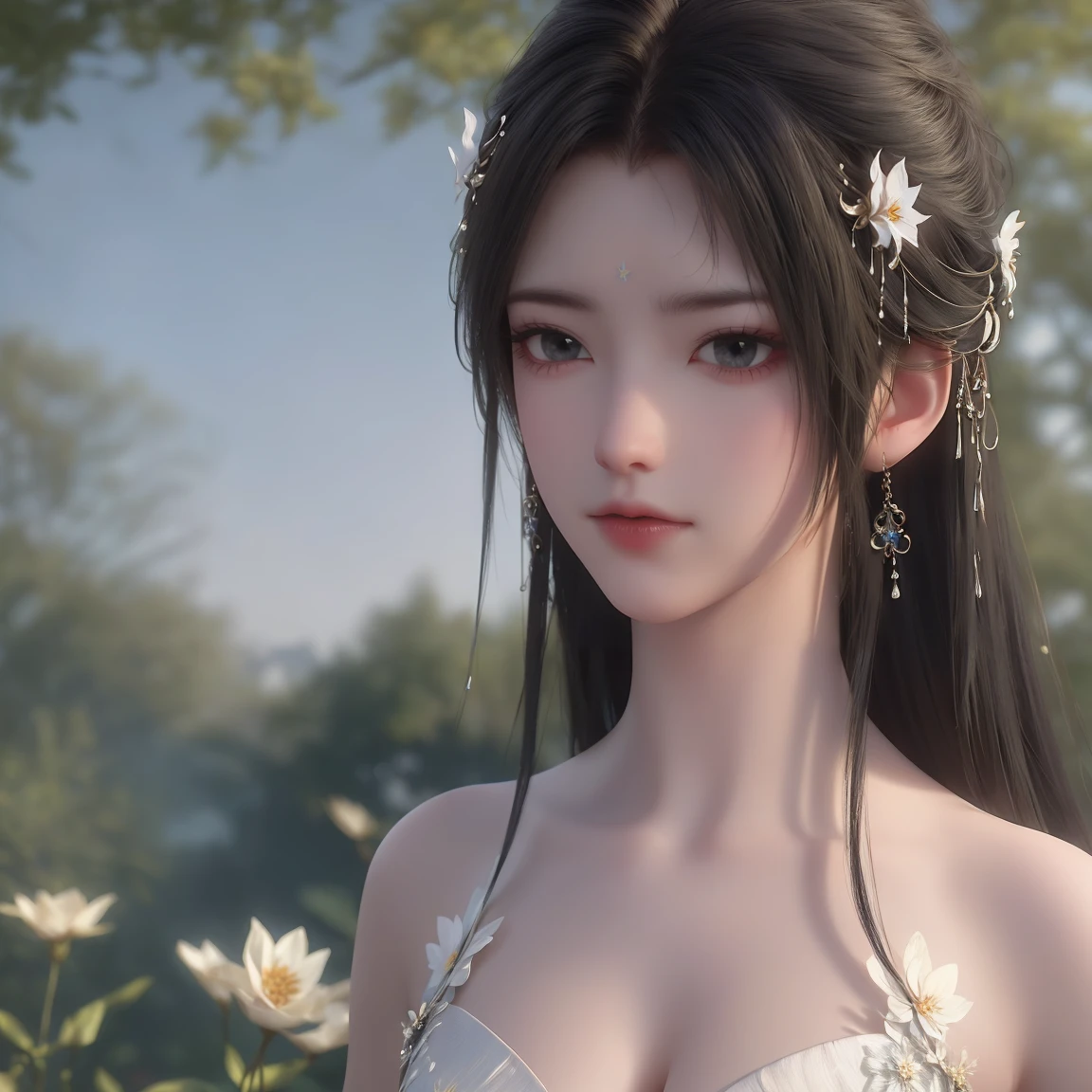 (best quality,ultra-detailed,photorealistic:1.37),vivid colors,studio lighting,beautiful detailed eyes,beautiful detailed lips,extremely detailed eyes and face,long eyelashes,portraits,black hair,confident expression,feminine,standing in a garden,soft sunlight, scenery,flower blossoms,peaceful atmosphere,artistic touch,textured brushstrokes,subtle color variations,brilliant white highlights,delicate movements,graceful pose,slight breeze,rustling leaves,sophisticated style,professional artwork,female beauty.