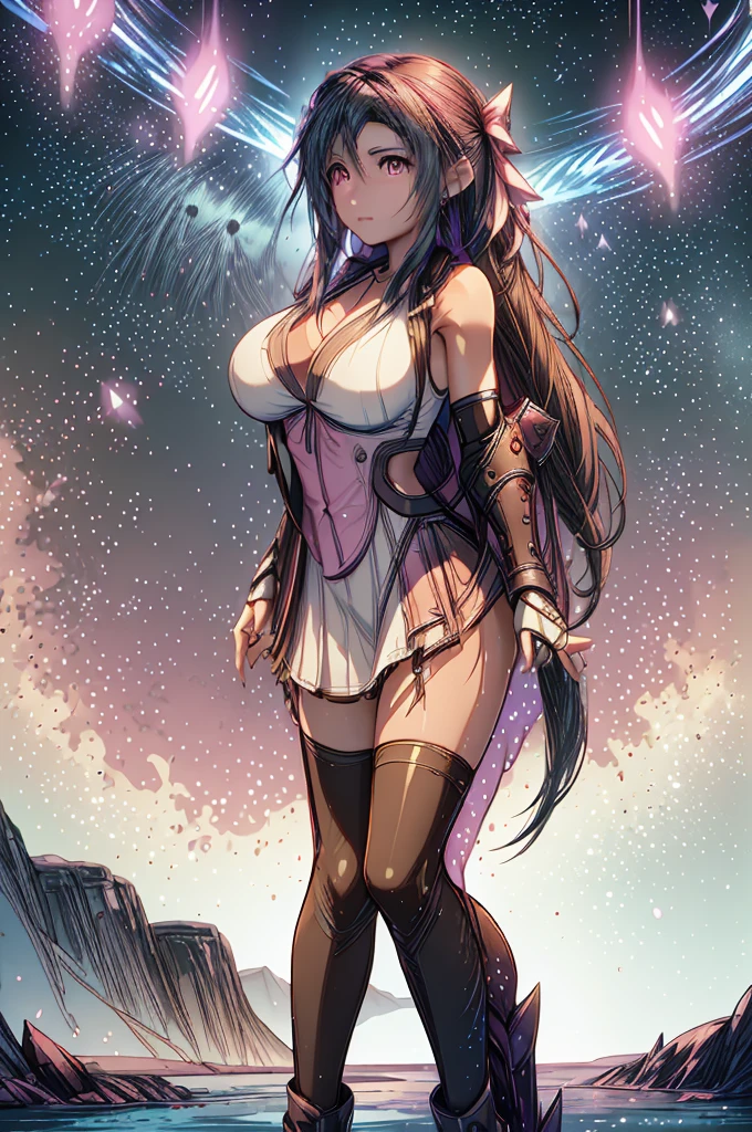 (8K HDR photorealistic pic:1.2), Tifa Lockhart, muscular, athletic, cheerful, toned body, (massive breasts), hourglass figure, fighter, long dark hair tied with ribbon at the end, ((Aerith costume, white dress, pink jacket)), seductive, red eyes, soft shadows, (masterpiece), Starry Sky with Mountains and Lake, Inspired by Jessica Rossier, Jessica Rossier Fantasy Art, Concept Art Magic Highlights, Official Artwork, ((hyperrealistic)), Ethereal Realm, Atmospheric artwork, dreamy matte paintings, serene endless stars inspired by Ted Nasmith, moonlit starry environments, epic music album covers.