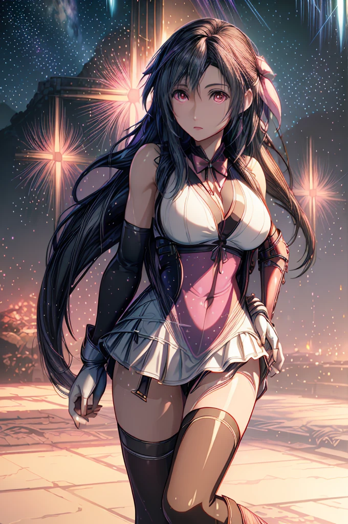 (8K HDR photorealistic pic:1.2), Tifa Lockhart, muscular, athletic, cheerful, toned body, (massive breasts), hourglass figure, fighter, long dark hair tied with ribbon at the end, ((Aerith costume, white dress, pink jacket)), seductive, red eyes, soft shadows, (masterpiece), Starry Sky with Mountains and Lake, Inspired by Jessica Rossier, Jessica Rossier Fantasy Art, Concept Art Magic Highlights, Official Artwork, ((hyperrealistic)), Ethereal Realm, Atmospheric artwork, dreamy matte paintings, serene endless stars inspired by Ted Nasmith, moonlit starry environments, epic music album covers.