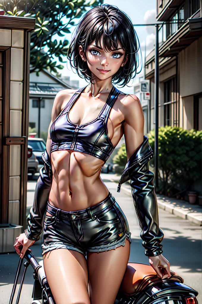 (cowboy shot), (Perfect Anatomy, top-quality, The ultra -The high-definition, high resolution, extremely detailed CG, 8K Unit Wallpapers), 2 lady, solo, beautiful detailed eyes, black hair, short bob hair, blunt bang, (small breasts, statuesque slender body, athletic), gleaming skin, oily skin, (punk fashion, leather jacket, Tank top, micro shorts), (drive a motorcycle,Harley-Davidson), on road, Tokyo, at night