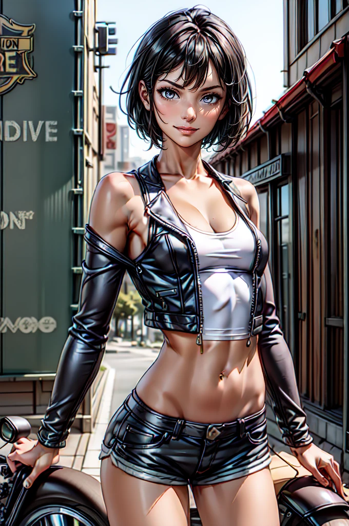 (cowboy shot), (Perfect Anatomy, top-quality, The ultra -The high-definition, high resolution, extremely detailed CG, 8K Unit Wallpapers), 2 lady, solo, beautiful detailed eyes, black hair, short bob hair, blunt bang, (small breasts, statuesque slender body, athletic), gleaming skin, oily skin, (punk fashion, leather jacket, Tank top, micro shorts), (drive a motorcycle,Harley-Davidson), on road, Tokyo, at night