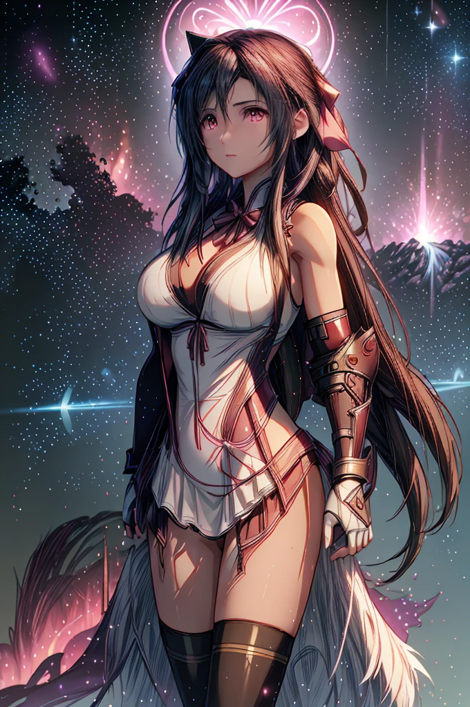 (8K HDR photorealistic pic:1.2), Tifa Lockhart, muscular, athletic, cheerful, toned body, (massive breasts), hourglass figure, fighter, long dark hair tied with ribbon at the end, ((Aerith costume, white dress, pink jacket)), seductive, red eyes, soft shadows, (masterpiece), Starry Sky with Mountains and Lake, Inspired by Jessica Rossier, Jessica Rossier Fantasy Art, Concept Art Magic Highlights, Official Artwork, ((hyperrealistic)), Ethereal Realm, Atmospheric artwork, dreamy matte paintings, serene endless stars inspired by Ted Nasmith, moonlit starry environments, epic music album covers.