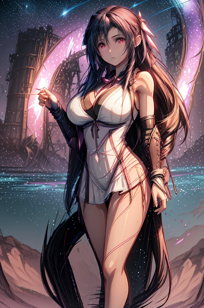 (8K HDR photorealistic pic:1.2), Tifa Lockhart, muscular, athletic, cheerful, toned body, (massive breasts), hourglass figure, fighter, long dark hair tied with ribbon at the end, ((Aerith costume, white dress, pink jacket)), seductive, red eyes, soft shadows, (masterpiece), Starry Sky with Mountains and Lake, Inspired by Jessica Rossier, Jessica Rossier Fantasy Art, Concept Art Magic Highlights, Official Artwork, ((hyperrealistic)), Ethereal Realm, Atmospheric artwork, dreamy matte paintings, serene endless stars inspired by Ted Nasmith, moonlit starry environments, epic music album covers.