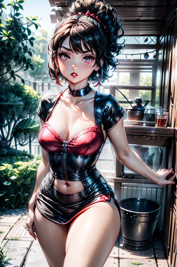 (8K HDR photorealistic pic), Betty Boop, short, althetic form, curvy lady, ((tight little red dress:1.2)), dark eyebrows, ((blush, black lipstick, hoop earrings)), dark eyeshadow, curvy silhouette, busty buxom body, (curly short black hair), shortstack, (retroussé breasts), darling figure, (supple pouting breasts), firm thighs, hourglass figure, kerchief, big brown eyes, dancing seductively, hazily lit bar