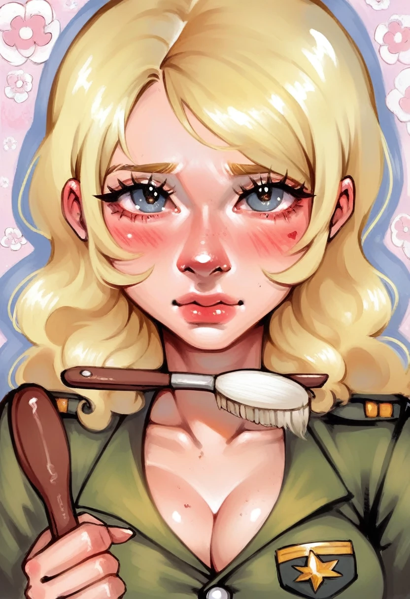 smudgy, traditional art, liu2, brush texture, score_9, score_8_up, score_7_up, score_6_up, score_5_up, score_4_up, BREAK 1girl, solo, portrait, cute girl blushing, pretty, fair, blonde hair, wearing military suit, cleavage, looking at viewer, detailed background, (masterpiece, high quality:1),