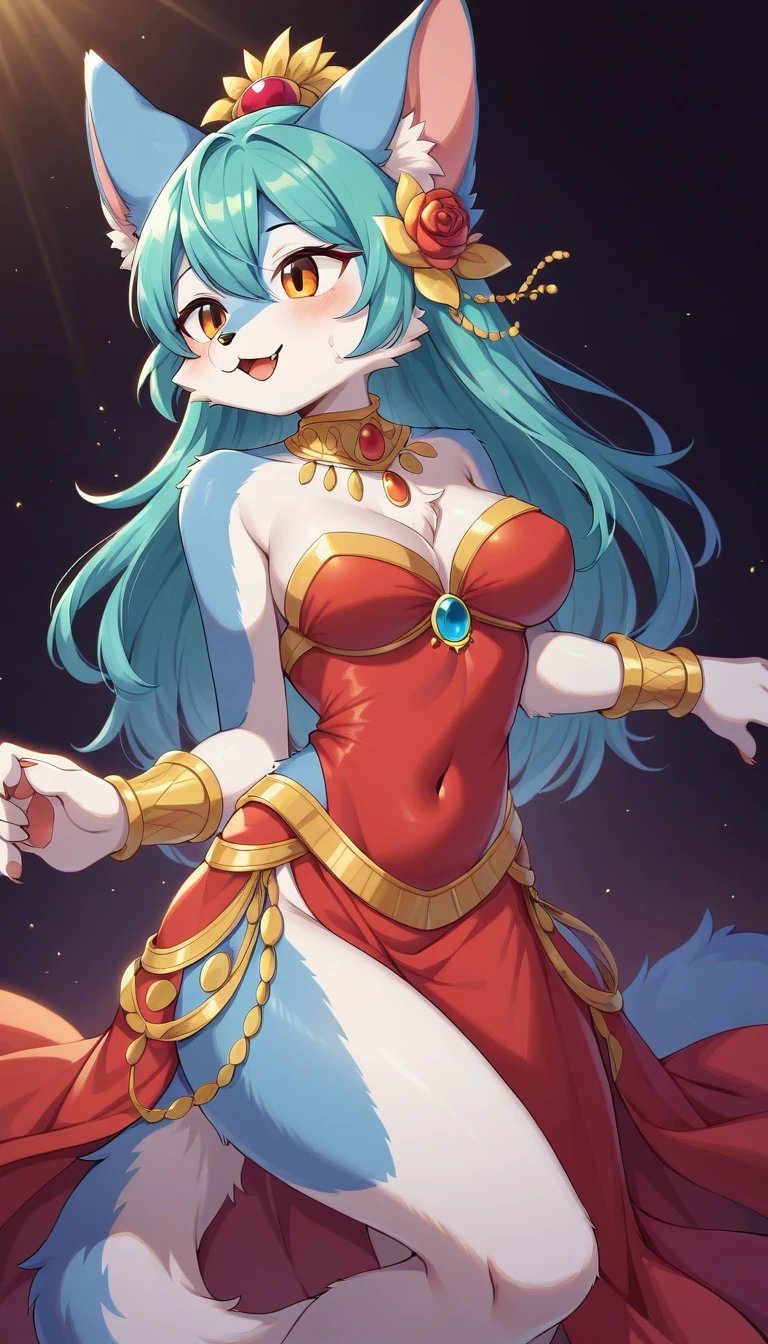 ((Masterpiece)), ((Best Quality)), (Very Detailed), ((Very Detailed)), 4K, (8K), very aesthetic, absurdres highres, 1 girl, (anthropomorphic cat, furry, kemono:1.5), A passionate flamenco dancer in a red dress dances dynamically on the stage, sweating. A strong spotlight shines on the dark background, revealing the silhouettes of the audience. Warm colors and dramatic shadows enhance the dancer's power and tension. The hem of the dress is fluttering and the dancers' expressions are full of concentration and passion