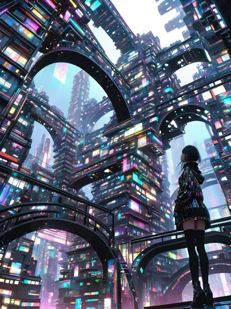 ultra-detailed illustration of cyberpunk city, an android girl, metallic texture, intricately stacked structures, dutch angle, f...