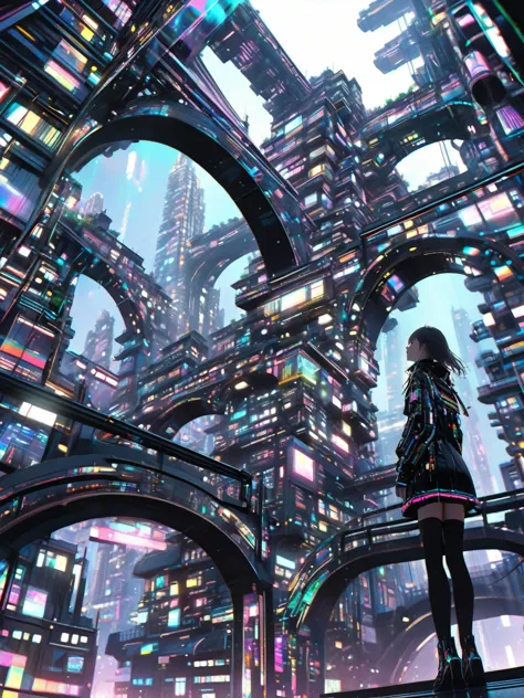 ultra-detailed illustration of cyberpunk city, an android girl, metallic texture, intricately stacked structures, dutch angle, f...