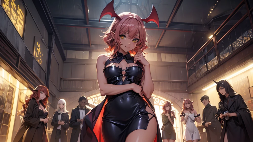 Best god quality, detailed, perfect anatomy, confident succubus girl, succubus in long dress, exposed thighs, raining, it's raining hard, inside home, pointy ears, dark skin, she has red hair, cute, big yellow eyes, looking at camera, red wavy hair, red hair, looking at viewer, cute, adorable, solo, yellow eyes, slender dress, mischievous look, excited expression, smug, (((SOLO))), (girl in middle standing)