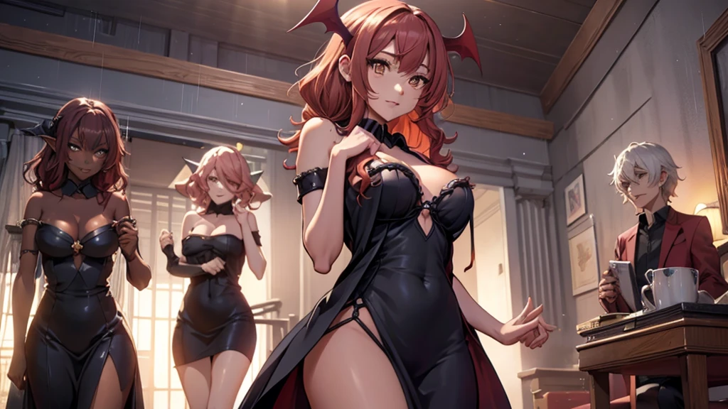 Best god quality, detailed, perfect anatomy, confident succubus girl, succubus in long dress, exposed thighs, raining, it's raining hard, inside home, pointy ears, dark skin, she has red hair, cute, big yellow eyes, looking at camera, red wavy hair, red hair, looking at viewer, cute, adorable, solo, yellow eyes, slender dress, mischievous look, excited expression, smug, (((SOLO))), (girl in middle standing)