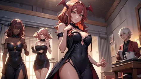 Best god quality, detailed, perfect anatomy, confident succubus girl, succubus in long dress, exposed thighs, raining, it's rain...