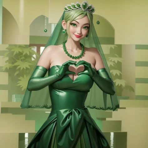 Emerald tiara, Green Pearl Necklace, Boyish very short green hair, Green Lips, Smiling Japanese woman, Very short hair, Busty be...