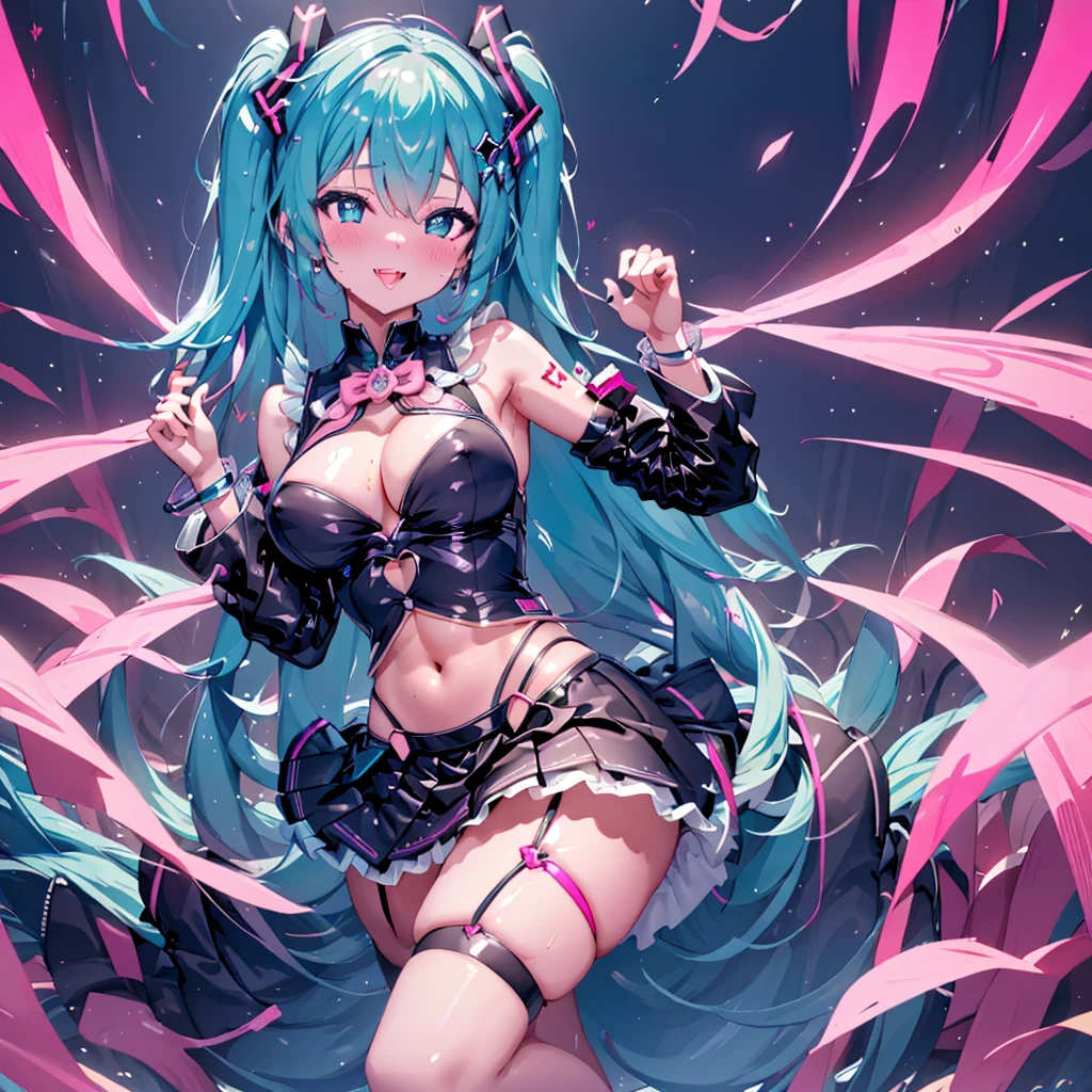 (masterpiece),(Highest quality),(Super detailed),(Best illustrations),(Best Shadow),(Absurd),(Detailed Background),(so beautiful), 16K,(Highest quality), 8k, 4K, (so beautiful)Hatsune Miku, One girl, alone, Big Breasts, Long Hair, curvy, , Hair between the eyes, , , Open your mouth carelessly, , heart-shaped pupils, , , wrist cuffs, sweat, Pleated skirt , orgasm, , erotic smile, pussy, Illegal drugs, Beautiful nipples, , , paw pose, Sexy posture, , , cross-eyed, rolling eyes, , garter belt, , Open your mouth languidly, One devil tail, Hypnosis training, Hypnosis assignment, bdms, saliva trail, , Detailed super oily shiny skin, , , orgasm, , water eyes,tears, arched back, , torogao, ahegao, BREAK, pink neon, Dramatic lighting, Psychedelic Background, , Oculogyric crisis, night, colorful, Torrent of Light,