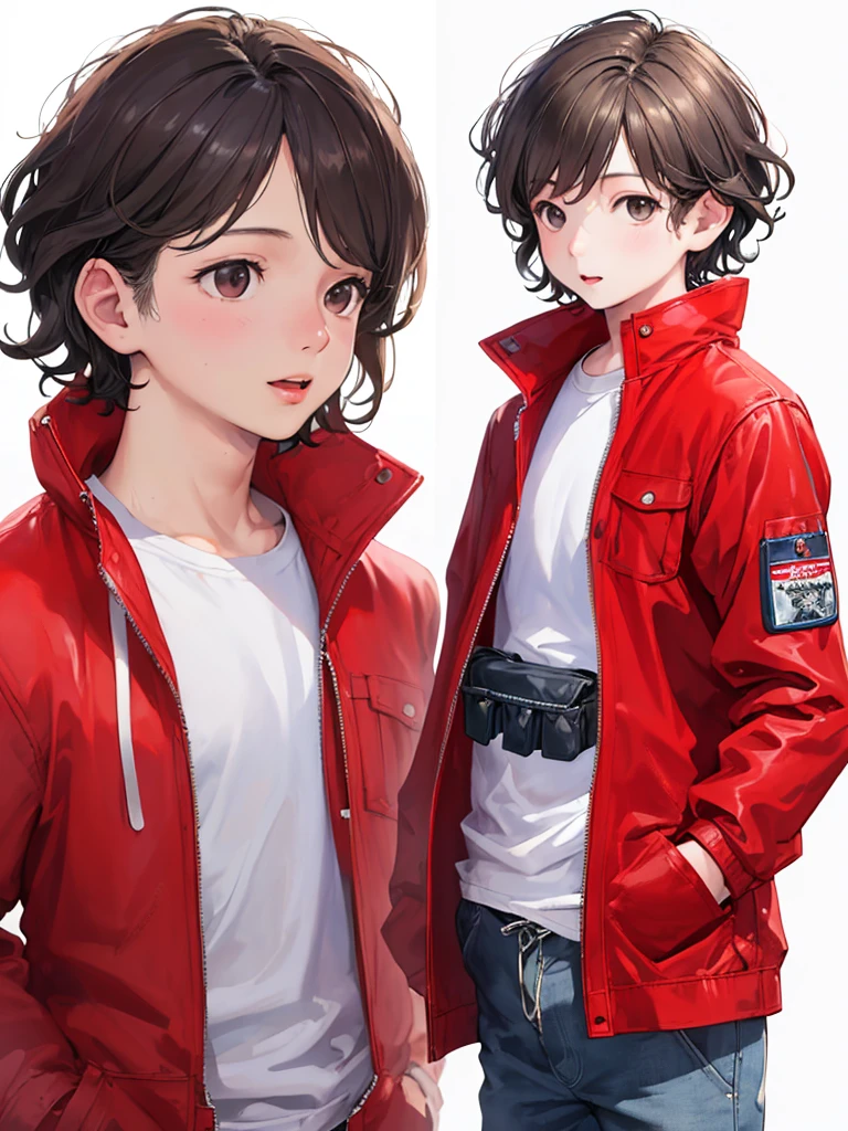 (((Masterpiece))), best quality, cowboy shot, perfect anatomy, ((realistic faces)), realistic anatomy, painterly, 1boy, (((shota))), solo, fanny pack, wavy hair, short hair, red jacket, three quarter view, simple background, white background, hand in pocket