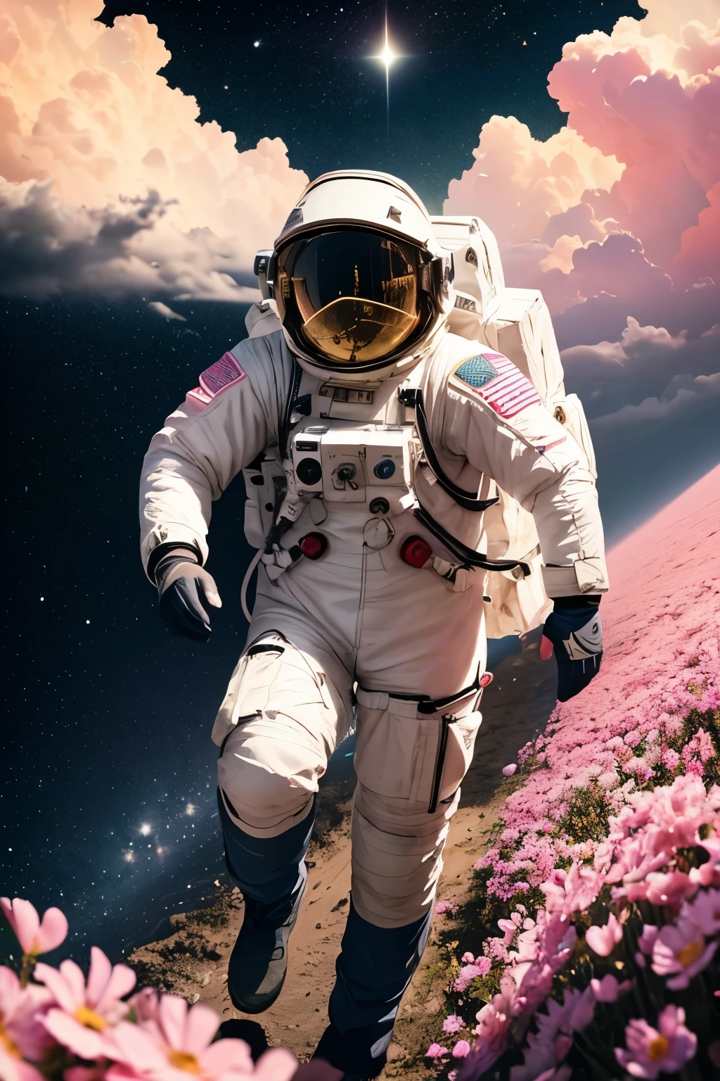 he astronaut walks in the sea of flowers dotted with pink clouds，The astronaut who is alone，The astronaut cannot leave this planet，The astronaut is lost in the boundless space.