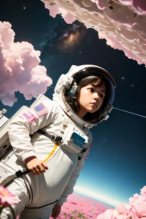 she astronaut walks in the sea of flowers dotted with pink clouds，the astronaut who is alone，the astronaut cannot leave this pla...