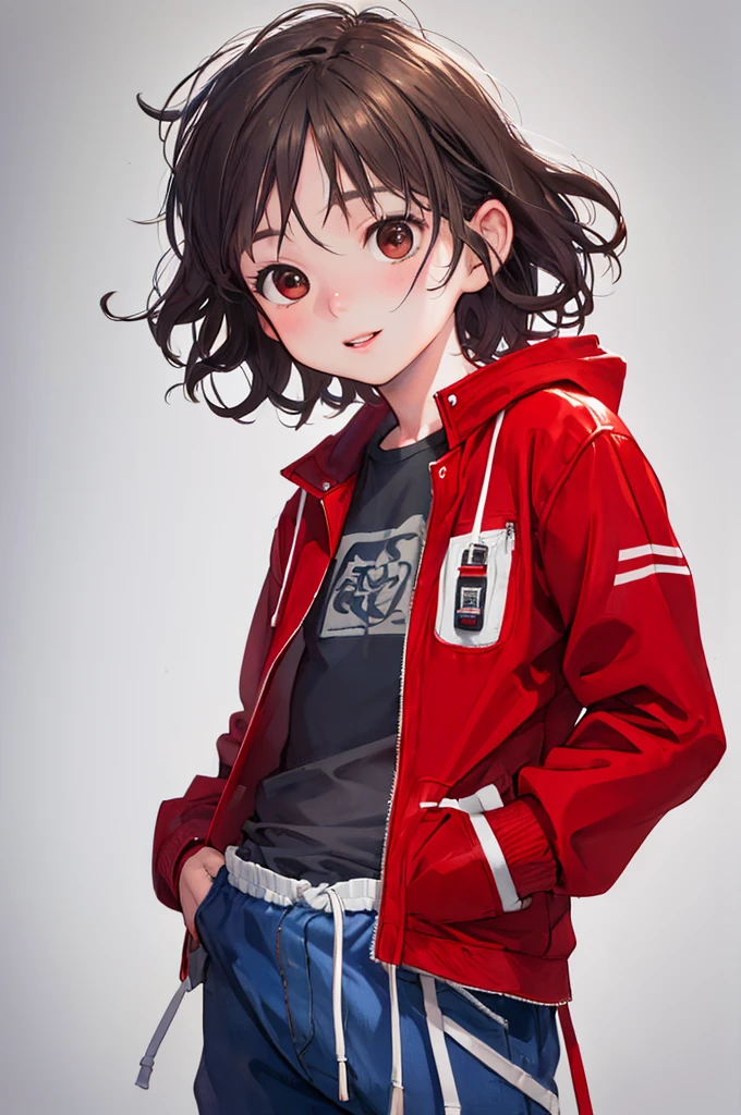 (((Masterpiece))), best quality, cowboy shot, perfect anatomy, ((realistic faces)), realistic anatomy, painterly, 1boy, (((shota))), solo, fanny pack, wavy hair, short hair, red jacket, three quarter view, simple background, white background, hand in pocket