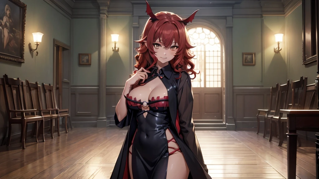 Best god quality, detailed, a dark room with moonlight shining in, confident succubus girl, succubus in long dress, perfect anatomy, She is alone in a room at night, exposed thighs, inside bedroom, she's standing alone in an empty room, inside a bedroom, pointy ears, dark skin, she has red hair, cute, big yellow eyes, looking at camera, red wavy hair, red hair, looking at viewer, cute, adorable, solo, yellow eyes, slender dress, mischievous look, excited expression, smug, (((SOLO))), (girl in middle standing