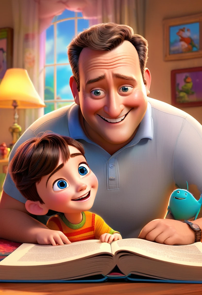 (wide range:1.3),(bright and vibrant colors), (high resolution), (realisitic:1.37), Disney Pixar Movie Poster, (arte de Kevin James), skinny, no muscle, (55 year old man and his son),father and son, (beautiful detailed eyes:1.1), (beautiful detailed lips:1.1), (smiling with a warm expression:1.5), (charming appearance:1.1), (professional lighting), (ultra-thin rendering), upper-body shot, (expressive facial features:1.1), reading a book to her son, (reading carefully:1.1), surrounded by magical elements representing different Pixar films, (dynamic composition), (whimsical details), (playful characters), vibrant background, full of color and joy, (3D rendering), (fantastic art style), (nostalgic aesthetic), (attention to the details:1.1).
