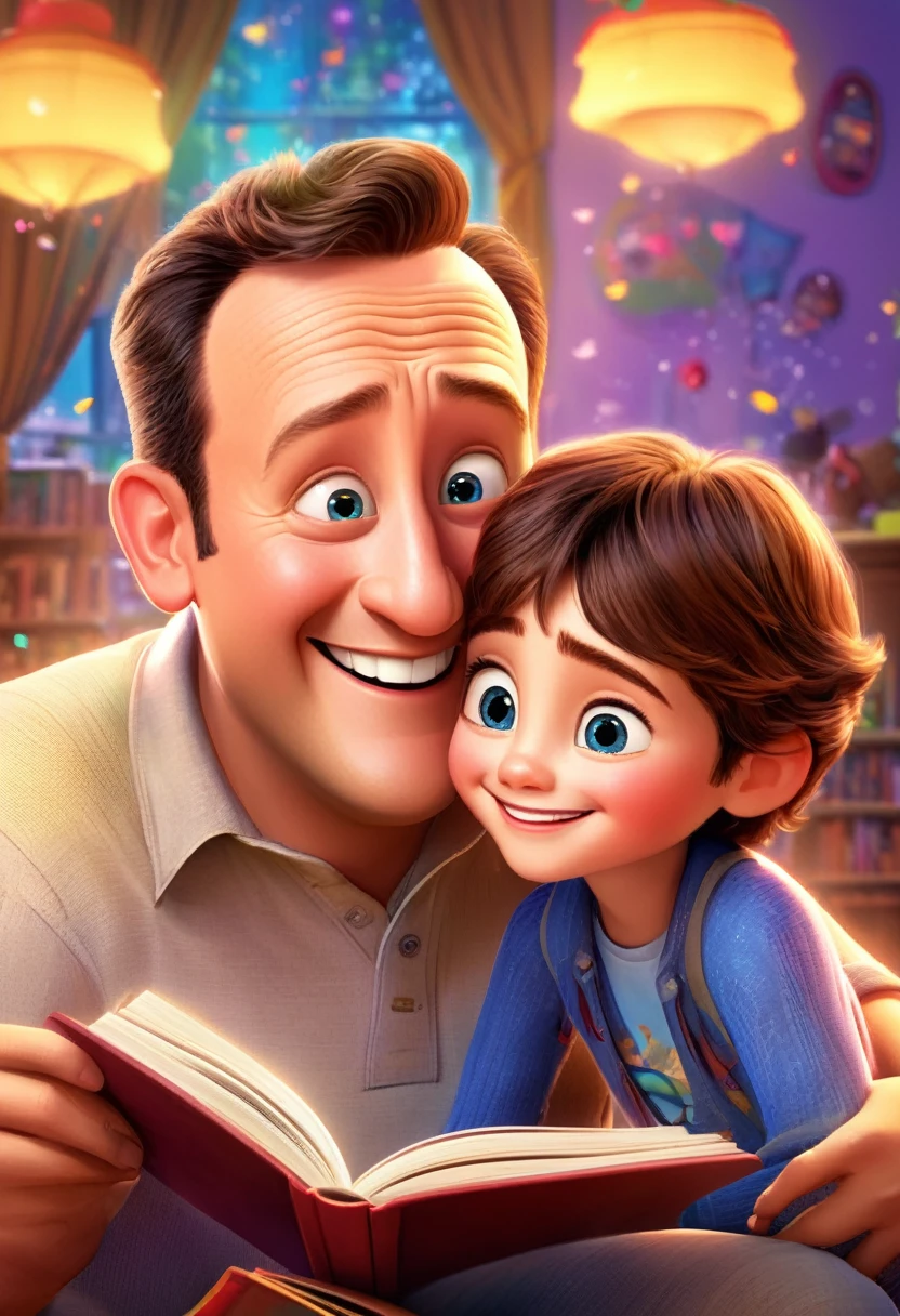 (wide range:1.3),(bright and vibrant colors), (high resolution), (realisitic:1.37), Disney Pixar Movie Poster, (arte de Kevin James), skinny, no muscle, (55 year old man and his son),father and son, (beautiful detailed eyes:1.1), (beautiful detailed lips:1.1), (smiling with a warm expression:1.5), (charming appearance:1.1), (professional lighting), (ultra-thin rendering), upper-body shot, (expressive facial features:1.1), reading a book to her son, (reading carefully:1.1), surrounded by magical elements representing different Pixar films, (dynamic composition), (whimsical details), (playful characters), vibrant background, full of color and joy, (3D rendering), (fantastic art style), (nostalgic aesthetic), (attention to the details:1.1).
