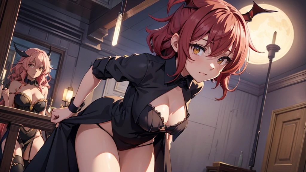 Best god quality, NO EXTRAS, detailed, a dark room with moonlight shining in, confident succubus girl, succubus in long dress, perfect anatomy, She is alone in a room at night, exposed thighs, inside bedroom, she's standing alone in an empty room, inside a bedroom, pointy ears, dark skin, she has red hair, cute, big yellow eyes, looking at camera, red wavy hair, red hair, looking at viewer, cute, adorable, solo, yellow eyes, slender dress, mischievous look, excited expression, smug, (((SOLO))), (girl in middle standing