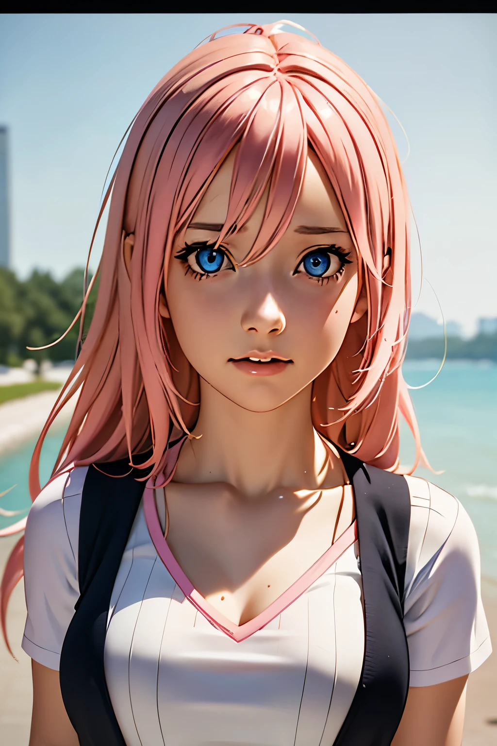 anime girl with pink hair and blue eyes wearing a vest, render of april, sayori, close up iwakura lain, 8k portrait render, render of a cute 3d anime girl, photorealistic anime girl render, smooth anime cg art, close up of a young anime girl, anime visual of a cute girl, rin, anime moe artstyle