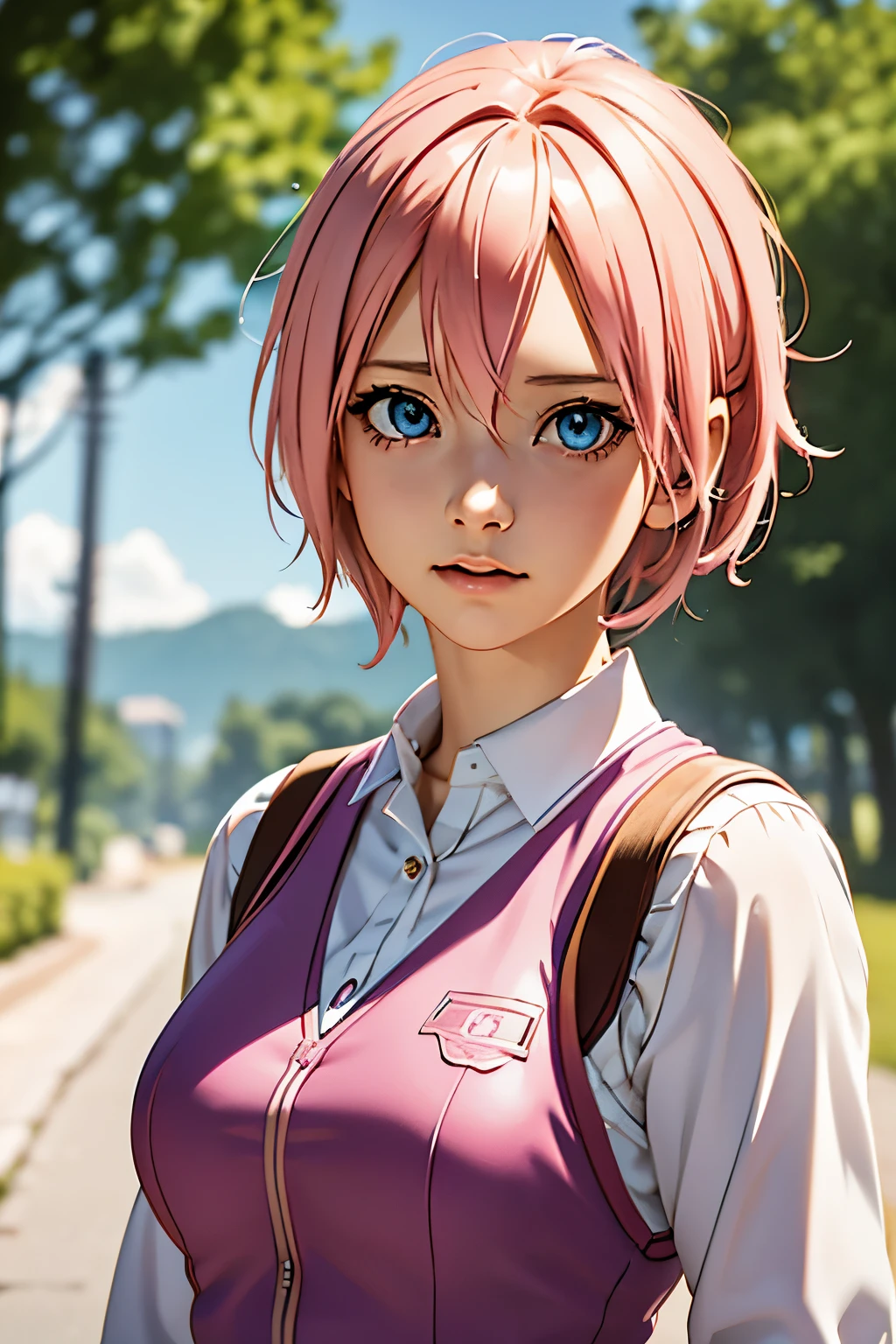 anime girl with pink hair and blue eyes wearing a vest, render of april, sayori, close up iwakura lain, 8k portrait render, render of a cute 3d anime girl, photorealistic anime girl render, smooth anime cg art, close up of a young anime girl, anime visual of a cute girl, rin, anime moe artstyle