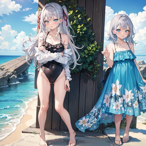 random patterned swimsuit、random patterned swimsuit,swimsuit,blushing、medium semi-long hair、silver hair、pale blue eyes　、head to ...