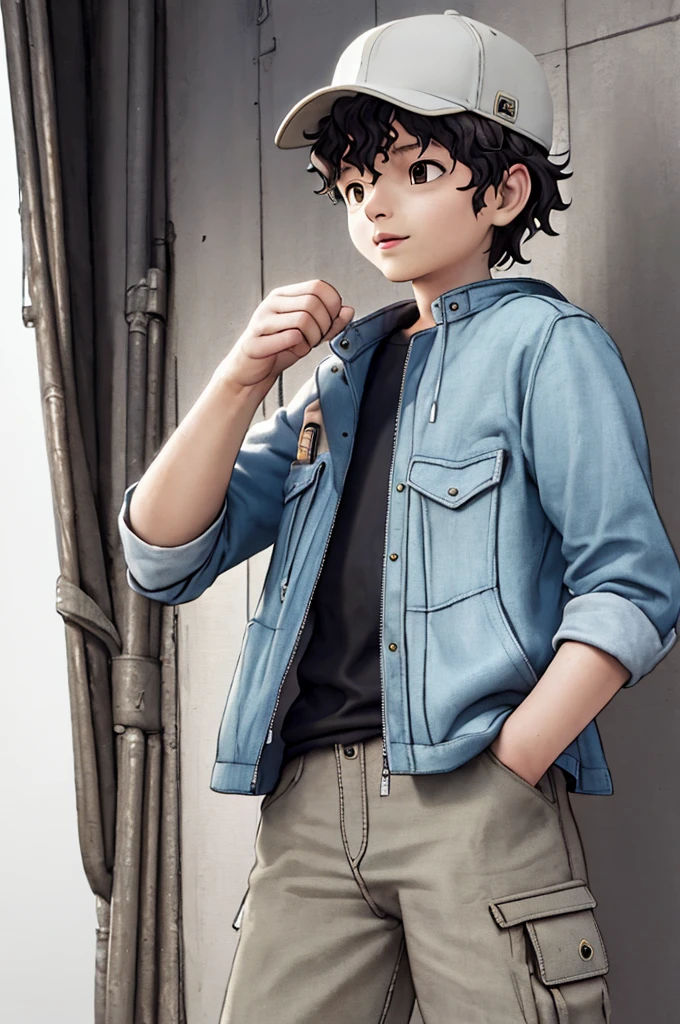 (((Masterpiece))), best quality, cowboy shot, perfect anatomy, ((realistic faces)), realistic anatomy, painterly, 1boy, (((shota))), solo, fanny pack, wavy hair, short hair, jacket, three quarter view, simple background, white background, hand in pocket, cap