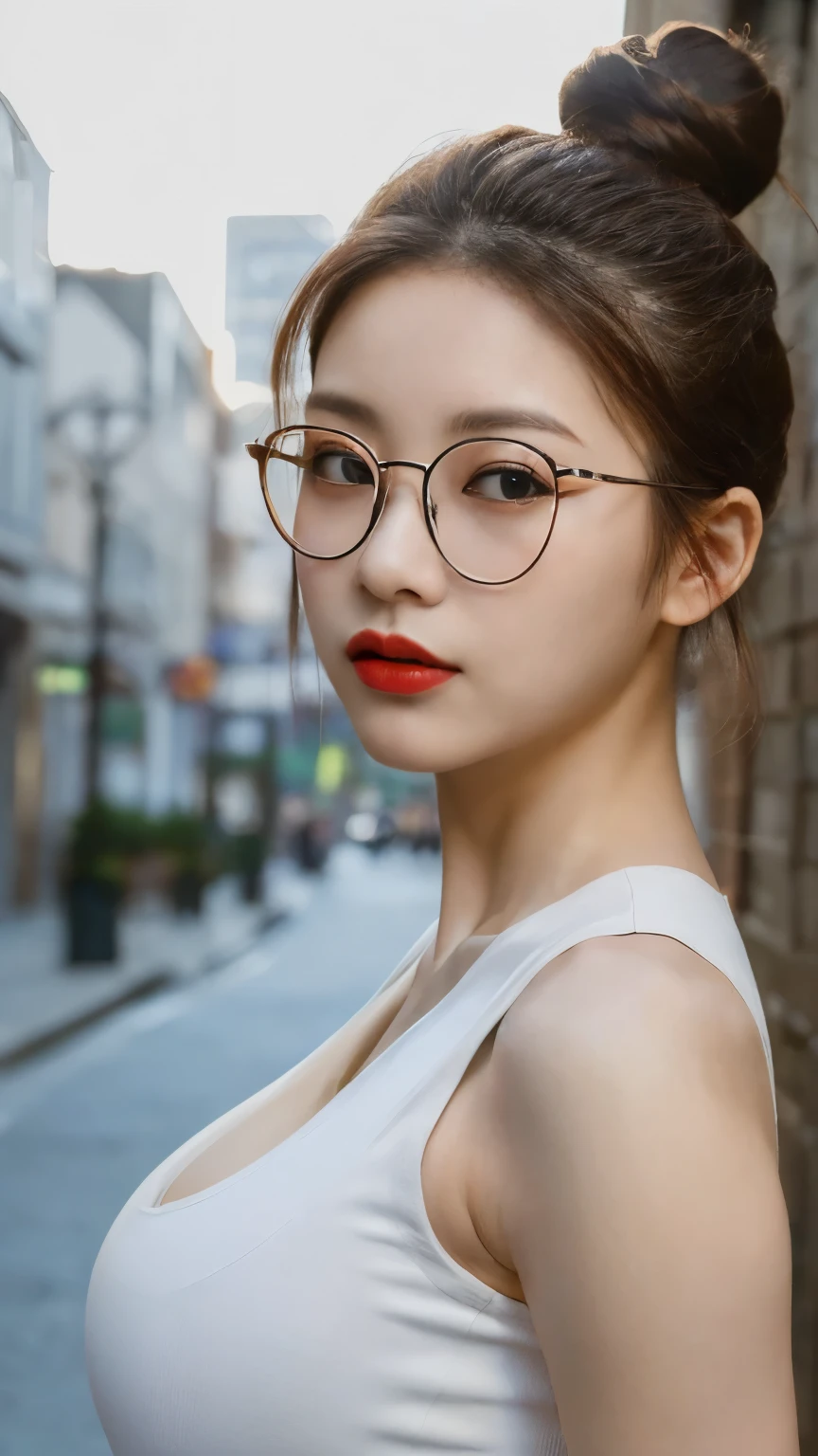 ((Top quality, 8k, Masterpiece: 1.3)), Sharp focus :1.2,   ((Korean artist, Lee Chae dam)).   ((Big breasts :1.3)),  ((Wearing glasses)),  Highly detailed face and skin texture,   Make-up face.   Red lipstick,   ((brown hair in a Bun)),

((tank top)),    In the city 