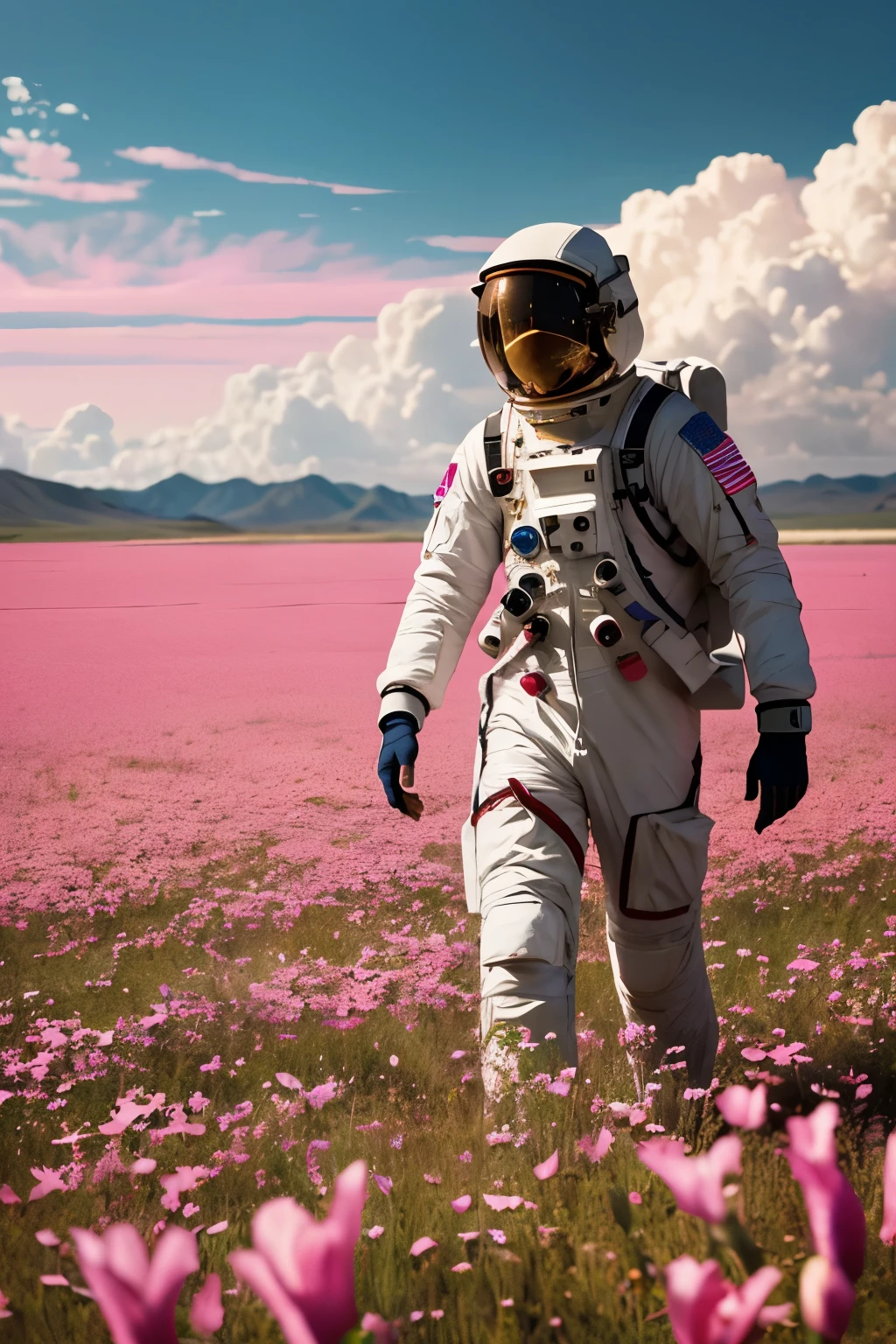 he astronaut walks in the sea of flowers dotted with pink clouds，The astronaut who is alone，The astronaut cannot leave this planet，The astronaut is lost in the boundless space.