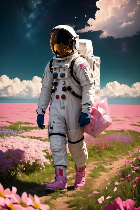 he astronaut walks in the sea of flowers dotted with pink clouds，the astronaut who is alone，the astronaut cannot leave this plan...