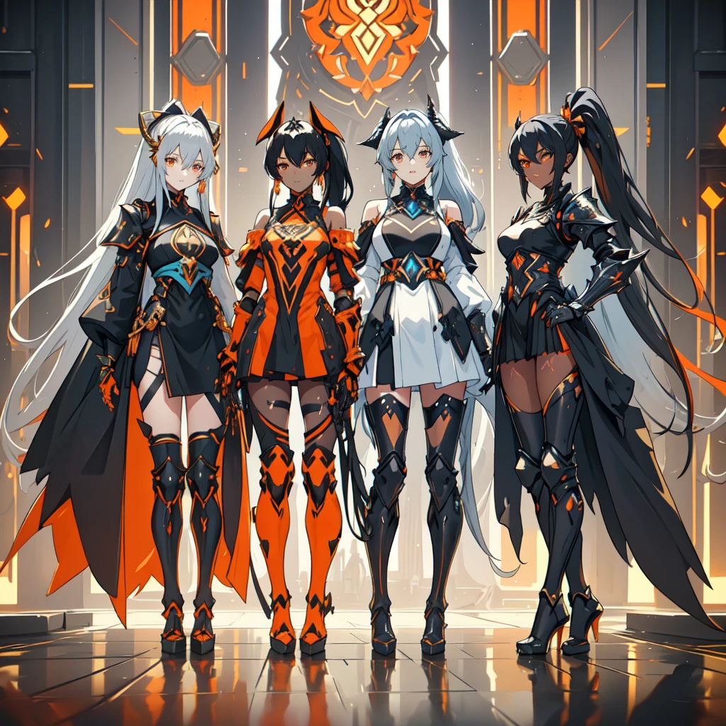 3 girls(((full body))), standingn, lots of clothes, from head to toes, thigh-high gladiator sandals, (((one character))), female, fishnet pantyhose (((dark skin))), hair black with Ponytail, Light Blue Eyes, Round glasses with slightly dark lenses, this lens being orange, and Light Blue frame, ((Black metallic gauntlets and greaves with orange and silver details)), (((The Clothes have a Mix of Modern and Tribal))), mostly black, but with parts in orange, shoulders on display, no gang, a short that extends to mid-thigh in black. (3 mechanical girl)、superior quality、masterpiece、High resolution、3 girl、golden hair、glowing skin
