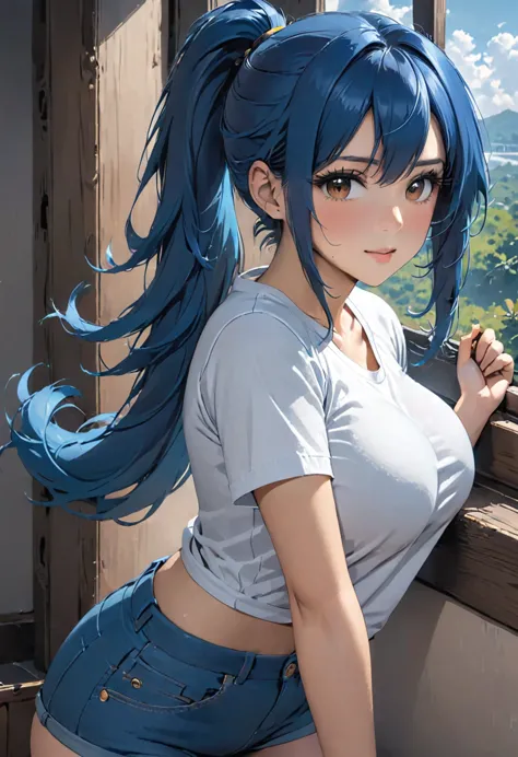 girl, blue hair, brown eyes, long hair, ponytail, big breasts, white T-shirt, black shorts 