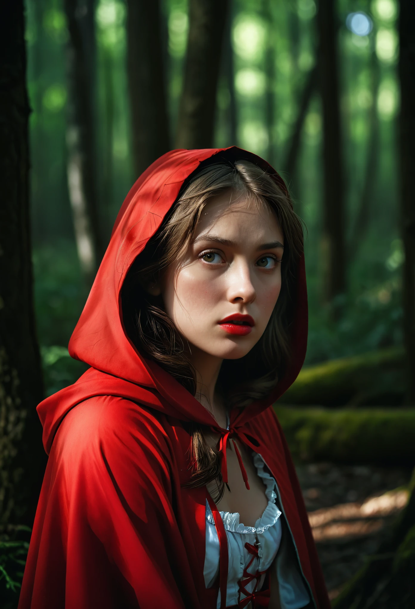 (masterpiece:1.3), highes quality, High quality photo, Little Red Riding Hood weary in the woods, dark,  low-key, RAW photo, subsurface scattering, heavy shadow, (high quality:1.4), (intricate, high detail:1.2), professional photography, realistic, ultra realistic, photorealistic, high resolution, film photography, ambient lighting, atmospheric effects, highly detailed and hyper realistic photo of analog film photo of detailed sharp image