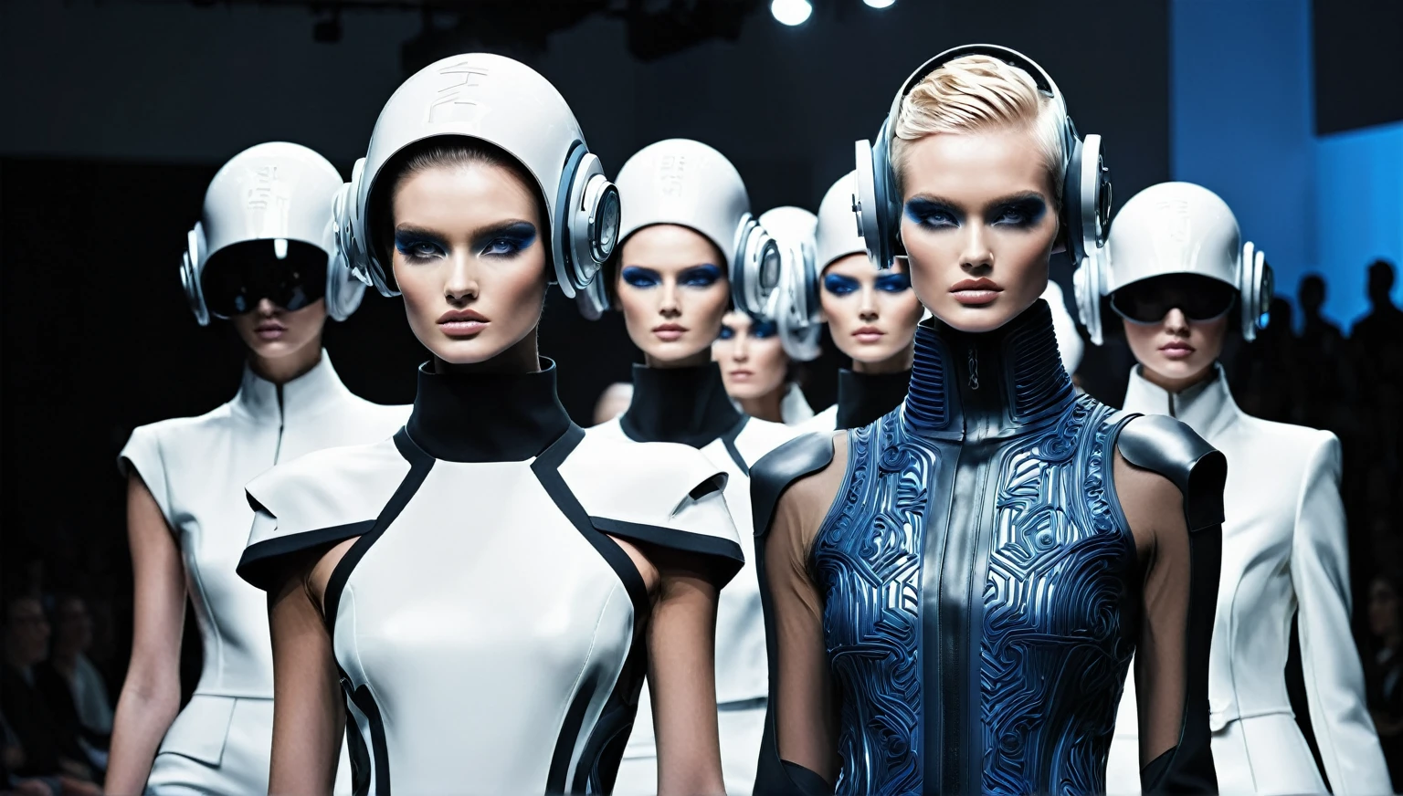 In a futuristic, dystopian world, a high-end fashion show takes place where each model is sponsored by a different corporation and their features are meticulously crafted and manipulated to represent the brand's image. With intricate details and bold statements, these hyper-realistic, corporate-controlled individuals showcase elegant attire that embodies the power and influence of the companies that have engineered them.