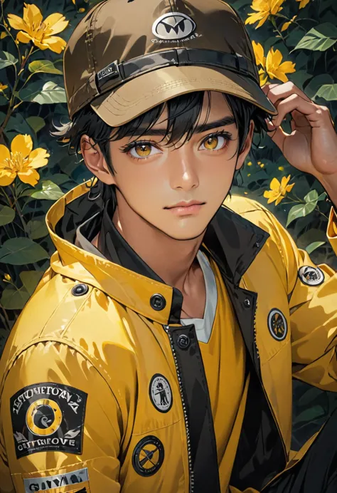 guy, dark skinned, black hair, brown eyes, yellow jacket, black hat 