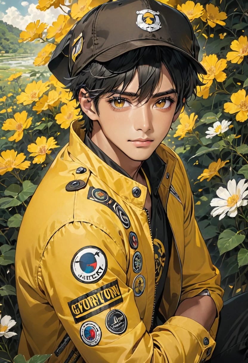 guy, dark skinned, black hair, brown eyes, yellow jacket, black hat 