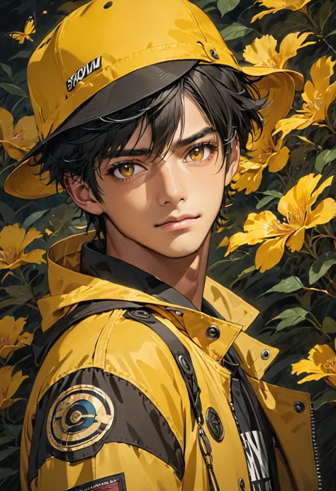 guy, dark skinned, black hair, brown eyes, yellow jacket, black hat 